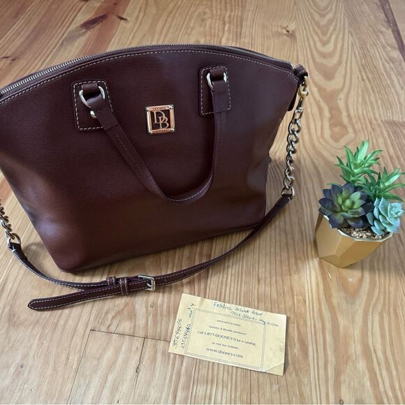 Dooney & Bourke Dome Satchel Bag Leather Brown Double Handles Chain Strap - Picture 1 of 15